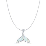 Lab Created White Opal & CZ Whale Tail Pendant Cable Chain Necklace 925 Sterling Silver