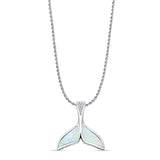 Lab Created White Opal & CZ Whale Tail Pendant Rope Chain Necklace 925 Sterling Silver