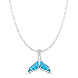 Lab Created Blue Opal & CZ Whale Tail Pendant Rolo Chain Necklace 925 Sterling Silver