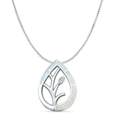 Lab Created White Opal & CZ Floral Leaf Pendant Box Chain Necklace 925 Sterling Silver