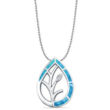 Lab Created Blue Opal & CZ Floral Leaf Pendant Rope Chain Necklace 925 Sterling Silver
