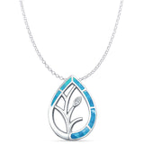 Lab Created Blue Opal & CZ Floral Leaf Pendant Rolo Chain Necklace 925 Sterling Silver