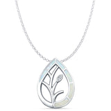 Lab Created White Opal & CZ Floral Leaf Pendant Rolo Chain Necklace 925 Sterling Silver