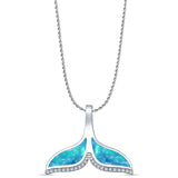Lab Created Blue Opal & CZ Whale Tail Pendant Rope Chain Necklace 925 Sterling Silver