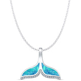 Lab Created Blue Opal & CZ Whale Tail Pendant Rolo Chain Necklace 925 Sterling Silver