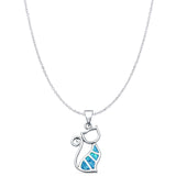 Lab Created Blue Opal Cat Pendant Cable Chain Necklace 925 Sterling Silver