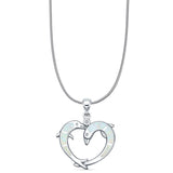 Lab Created White Opal & CZ Dolphin Heart Pendant Snake Chain Necklace 925 Sterling Silver