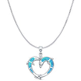 Lab Created Blue Opal & CZ Dolphin Heart Pendant Box Chain Necklace 925 Sterling Silver