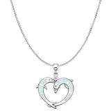 Lab Created White Opal & CZ Dolphin Heart Pendant Box Chain Necklace 925 Sterling Silver