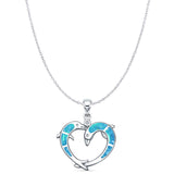 Lab Created Blue Opal & CZ Dolphin Heart Pendant Cable Chain Necklace 925 Sterling Silver