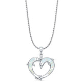 Lab Created White Opal & CZ Dolphin Heart Pendant Rope Chain Necklace 925 Sterling Silver