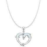 Lab Created White Opal & CZ Dolphin Heart Pendant Rolo Chain Necklace 925 Sterling Silver