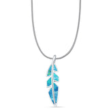 Lab Created Blue Opal Feather Pendant Snake Chain Necklace 925 Sterling Silver