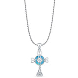 Lab Created Blue Opal Celtic Cross Pendant Rope Chain Necklace 925 Sterling Silver