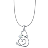 Lab Created White Opal Star & Stethoscope Pendant Snake Chain Necklace 925 Sterling Silver
