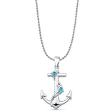 Lab Created Blue Opal Anchor & Dolphin Pendant Rope Chain Necklace 925 Sterling Silver