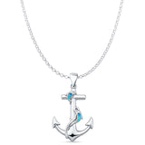 Lab Created Blue Opal Anchor & Dolphin Pendant Rolo Chain Necklace 925 Sterling Silver