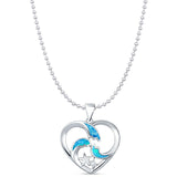 Lab Created Blue Opal Heart & Star Pendant Bead Chain Necklace 925 Sterling Silver