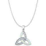 Lab Created White Opal Triquetra Pendant Bead Chain Necklace 925 Sterling Silver
