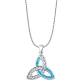 Lab Created Blue Opal Triquetra Pendant Rope Chain Necklace 925 Sterling Silver