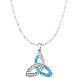 Lab Created Blue Opal Triquetra Pendant Rolo Chain Necklace 925 Sterling Silver