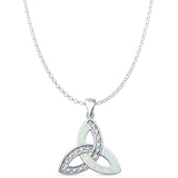 Lab Created White Opal Triquetra Pendant Rolo Chain Necklace 925 Sterling Silver