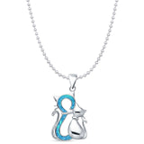 Lab Created Blue Opal Two Cat Pendant Bead Chain Necklace 925 Sterling Silver