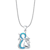 Lab Created Blue Opal Two Cat Pendant Rope Chain Necklace 925 Sterling Silver