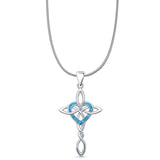 Lab Created Blue Opal Celtic Cross & Heart Pendant Snake Chain Necklace 925 Sterling Silver