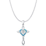 Lab Created Blue Opal Celtic Cross & Heart Pendant Bead Chain Necklace 925 Sterling Silver