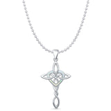 Lab Created White Opal Celtic Cross & Heart Pendant Bead Chain Necklace 925 Sterling Silver