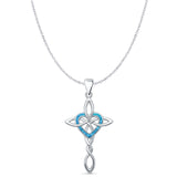 Lab Created Blue Opal Celtic Cross & Heart Pendant Cable Chain Necklace 925 Sterling Silver