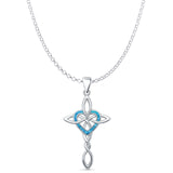Lab Created Blue Opal Celtic Cross & Heart Pendant Rolo Chain Necklace 925 Sterling Silver