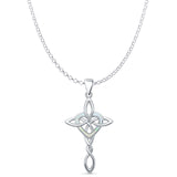 Lab Created White Opal Celtic Cross & Heart Pendant Rolo Chain Necklace 925 Sterling Silver
