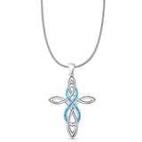 Lab Created Blue Opal Celtic Cross & Infinity Pendant Snake Chain Necklace 925 Sterling Silver