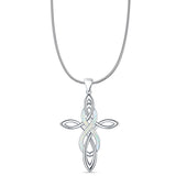 Lab Created White Opal Celtic Cross & Infinity Pendant Snake Chain Necklace 925 Sterling Silver