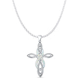 Lab Created White Opal Celtic Cross & Infinity Pendant Rolo Chain Necklace 925 Sterling Silver