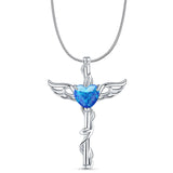 Lab Created Blue Opal Caduceus Pendant Snake Chain Necklace 925 Sterling Silver