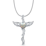 Lab Created White Opal Caduceus Pendant Snake Chain Necklace 925 Sterling Silver