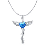 Lab Created Blue Opal Caduceus Pendant Box Chain Necklace 925 Sterling Silver