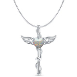 Lab Created White Opal Caduceus Pendant Box Chain Necklace 925 Sterling Silver