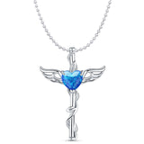 Lab Created Blue Opal Caduceus Pendant Bead Chain Necklace 925 Sterling Silver