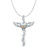 Lab Created White Opal Caduceus Pendant Bead Chain Necklace 925 Sterling Silver