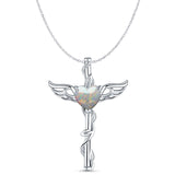 Lab Created White Opal Caduceus Pendant Cable Chain Necklace 925 Sterling Silver