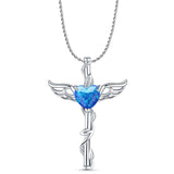 Lab Created Blue Opal Caduceus Pendant Rope Chain Necklace 925 Sterling Silver