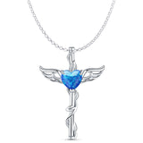 Lab Created Blue Opal Caduceus Pendant Rolo Chain Necklace 925 Sterling Silver
