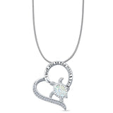 Lab Created White Opal & CZ Turtle & Heart Pendant Snake Chain Necklace 925 Sterling Silver