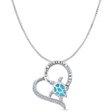 Lab Created Blue Opal & CZ Turtle & Heart Pendant Box Chain Necklace 925 Sterling Silver