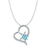 Lab Created Blue Opal & CZ Turtle & Heart Pendant Bead Chain Necklace 925 Sterling Silver