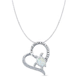 Lab Created White Opal & CZ Turtle & Heart Pendant Cable Chain Necklace 925 Sterling Silver